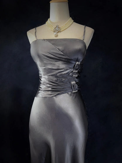 Modest Prom Dresses Mermaid Spaghetti Strap Grey Satin Long Evening Outfits N3471