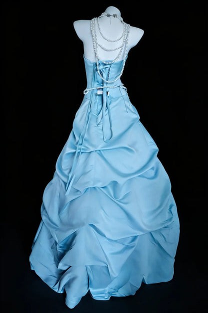 Modest Prom Dresses Ball Gown Strapless Blue Satin With Ruffled Long Quince Dress N3049