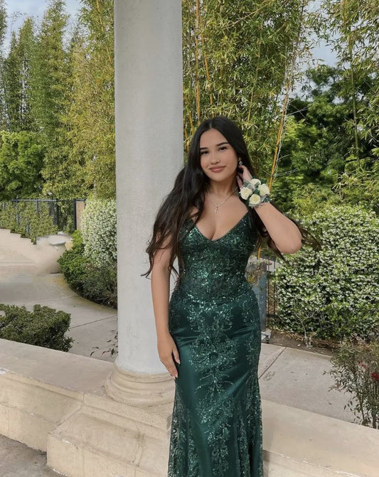 Sexy Prom Dresses Inspiration Mermaid Spaghetti Strap Dark Green Sequin Semi Formal Party Dress For Teens High Schools AB1939