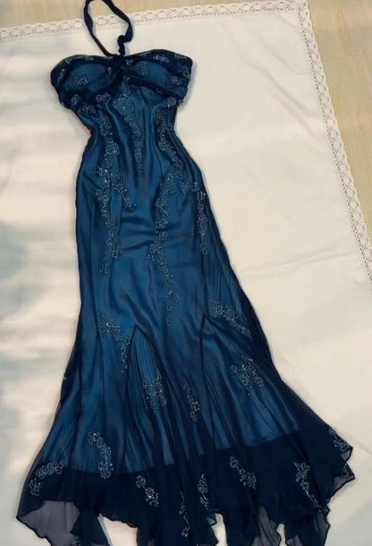 Vintage Halter Mermaid Long Prom Dresses Chiffon Beaded Dark Green Long Formal Dresses Graduation Dress N1617