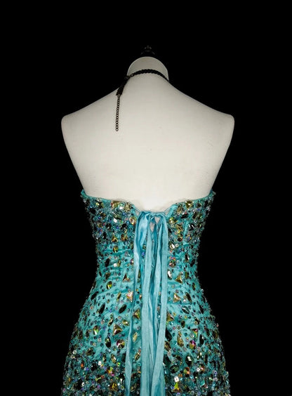 Vintage 1960s Mermaid Sweetheart Blue With Crystals Gems Sleeveless Long Prom Formal Dresses N1592