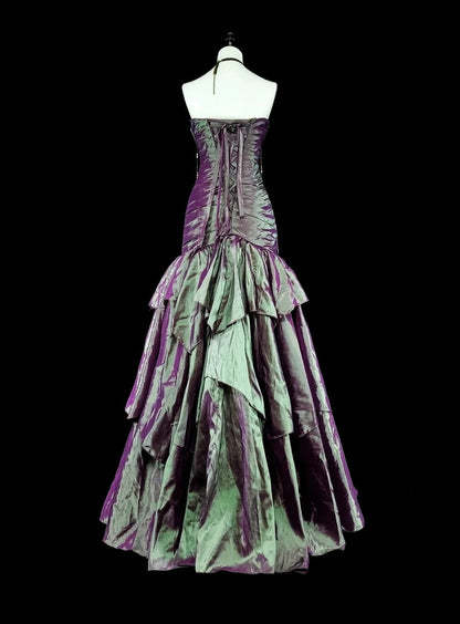 Vintage Mermaid Sweetheart Purple Taffeta 70s With Ruffles Long Prom Gown Party Wear Dresses N1846