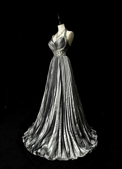 Vintage 1960s Halter Sleeveless Satin Pleated A Line Silver Grey Long Prom Dresses N1575