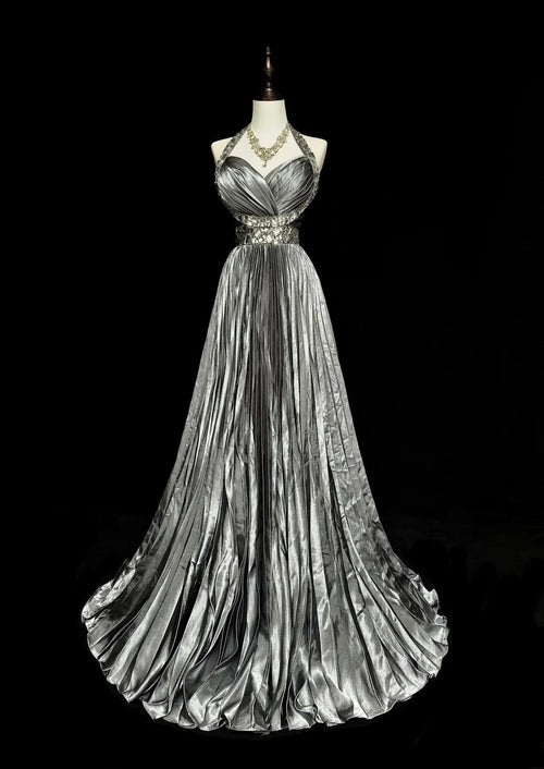 Vintage 1960s Halter Sleeveless Satin Pleated A Line Silver Grey Long Prom Dresses N1575