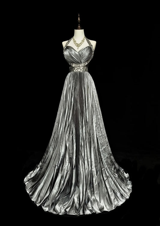 Vintage 1960s Halter Sleeveless Satin Pleated A Line Silver Grey Long Prom Dresses N1575