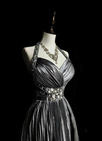 Vintage 1960s Halter Sleeveless Satin Pleated A Line Silver Grey Long Prom Dresses N1575