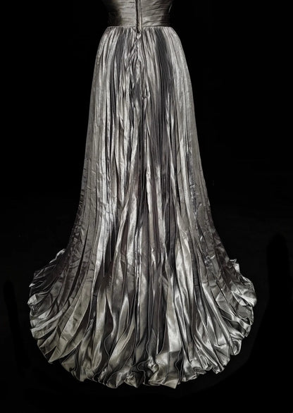 Vintage 1960s Halter Sleeveless Satin Pleated A Line Silver Grey Long Prom Dresses N1575