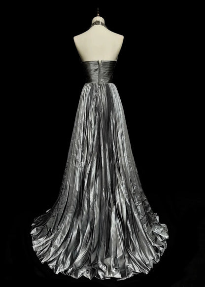 Vintage 1960s Halter Sleeveless Satin Pleated A Line Silver Grey Long Prom Dresses N1575