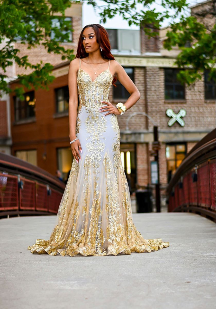 Classy Mermaid Spaghetti Straps Gold Sequin Inspo For Black Women Girls Formal Party Gowns Long Prom Dresses AB1779