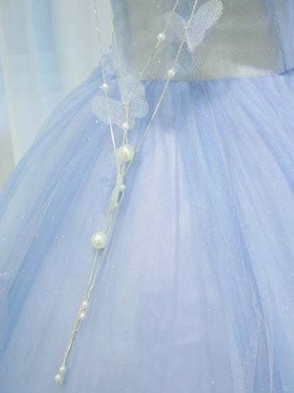 Pretty Prom Dresses Ball Gown Off The Shoulder Blue Tulle With Ruffle Long Formal Gown N2936