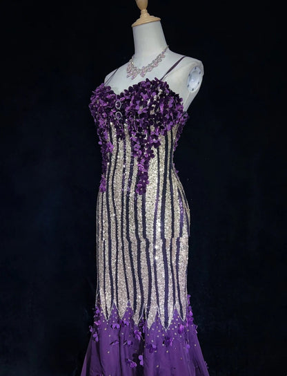 Glitter Prom Dresses Mermaid Spaghetti Strap Purple Chiffon With Flowers Long Formal Evening Dress N3893