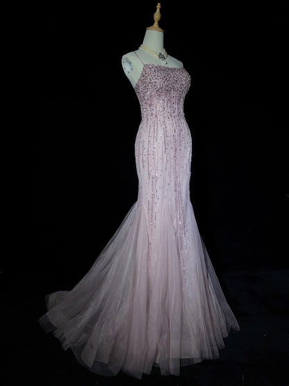 Timeless Prom Dresses Mermaid Spaghetti Strap Light Pink Tulle With Beading Backless Long Evening Outfits N3233