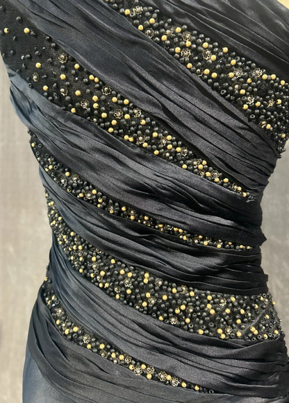 Classy Prom Dresses Mermaid One Shoulder Satin Black Tie Dress With Beaded Long Formal Evening Outfits N3704
