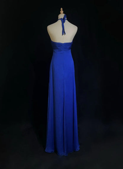 Vintage Prom Dresses A line Halter Royal Blue Chiffon With Beaded 90s Long Formal Gown N2903