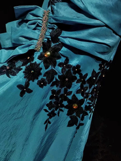 Vintage Prom Dresses Inspo Mermaid Halter Blue Black Lace 80s With Ruffled Appliqued Formal Gowns N3362
