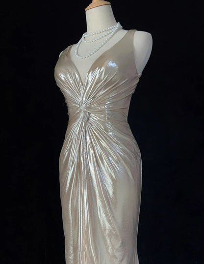 Simple Prom Dresses Mermaid V Neck Gold Sleeveless With Slit Ruffled Formal Evening Dress N3822