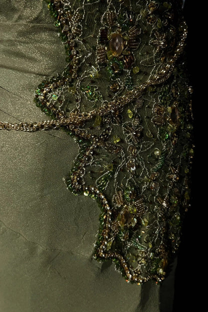 Vintage Prom Dresses Mermaid Olive Green Chiffon With Beading Formal Evening Outfits N3854