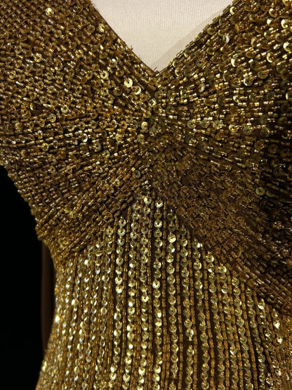 Vintage Mermaid 2000s One Shoulder Gold Sequin Formal Dress Long Sparkly Prom Dresses N2574