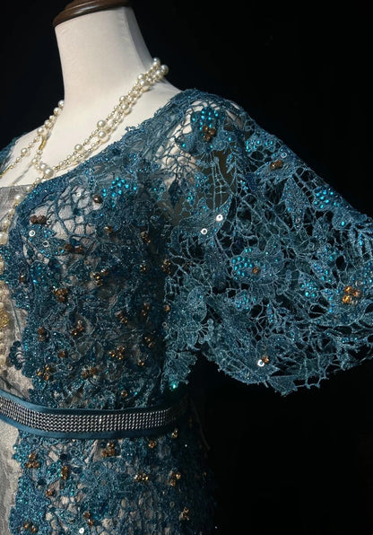 Vintage Prom Dresses Inspo Mermaid Lace Blue Tulle Lace 80s With Appliqued Formal Gowns N3366
