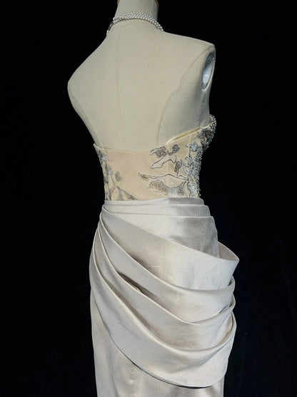 Vintage Prom Dresses 80s Mermaid Sweetheart Silver Grey With Beading Semi Formal Evening Outfits N3638