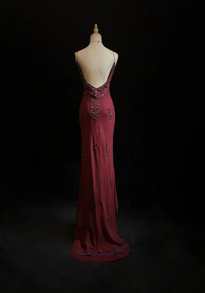 Unique Prom Dresses High Low Spaghetti Strap Burgundy Sleeveless With Beading Semi Formal Evening Dress N3794
