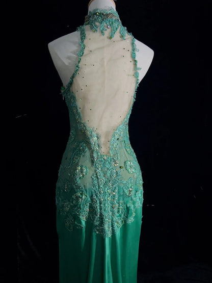 Vintage Prom Dresses 90s Mermaid High Neck Green Satin With Applique Slit Long Semi Formal Evening Outfits N3662