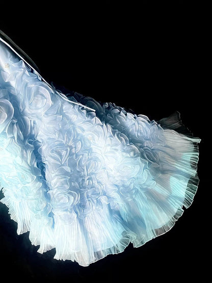 Vintage 1760s Mermaid Sweetheart Light Sky Blue Tulle Sleeveless Pleated Long Prom Dresses N1583
