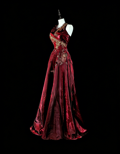 Vintage A line Scoop Burgundy Satin 80s Evening Gowns Formal Birthday Dress Long Prom Dresses N1758