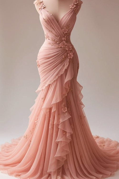 Vintage Mermaid V Neck Pink Chiffon With Flowers Sleeveless Formal Dress Evening Gown Prom Dresses N2564