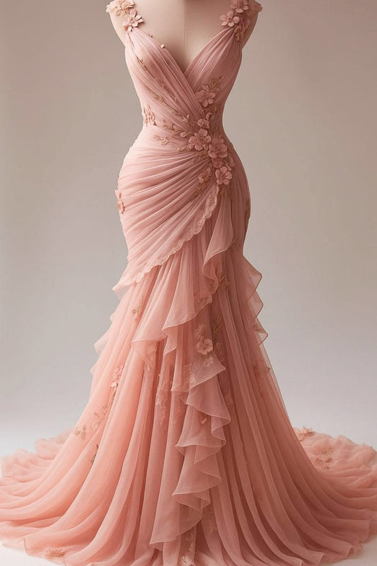 Vintage Mermaid V Neck Pink Chiffon With Flowers Sleeveless Formal Dress Evening Gown Prom Dresses N2564