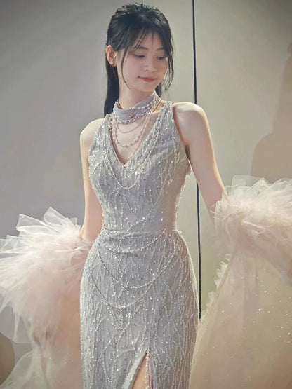 Glittery Sheath V Neck Sleeveless With Cape Tulle Slit Prom Dresses Inspiration Long Night Outfits 18th Birthday Outfits AB2226