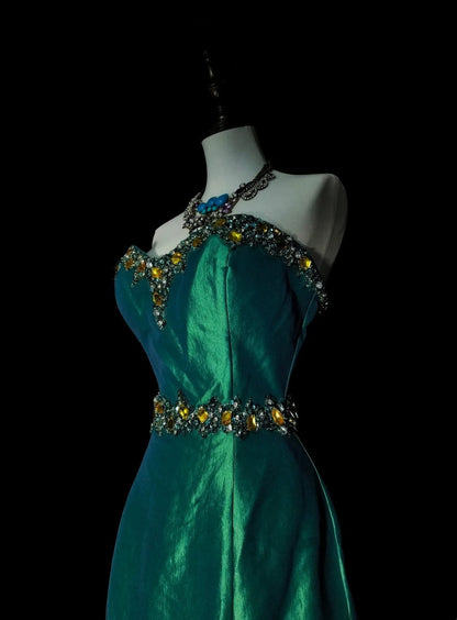 Vintage 1960s Mermaid Sweetheart Dark Green Satin Sleeveless Long Prom Formal Dresses N1596