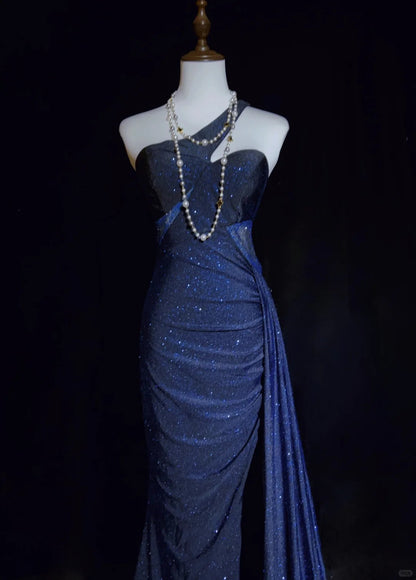 Vintage Prom Dresses 90s Mermaid One Shoulder Navy Blue Sequined Backless Long Evening Outfits N3140