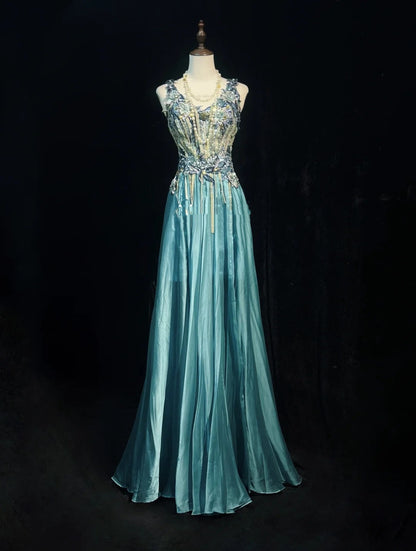 Vintage Classy Prom Dresses A Line Tiffany Blue V Neck Lace Satin With Beaded Evening Long Dress N3300