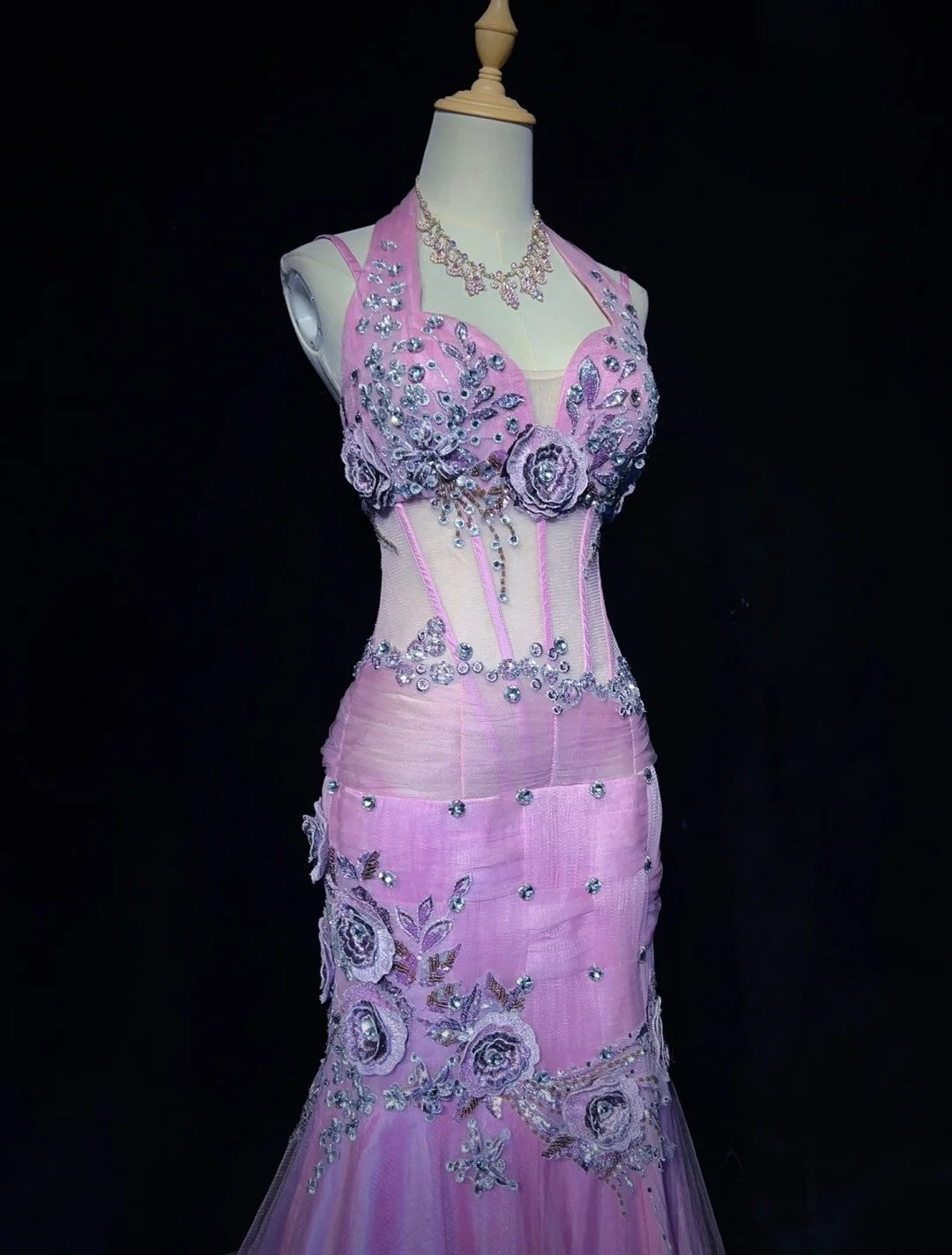 Modest Prom Dresses Mermaid Halter Lilac Tulle With Beading Lace Long Formal Evening Dress N3882