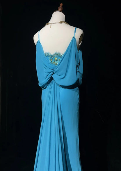 Gothic Glam Prom Dresses Mermaid Spaghetti Strap Blue Chiffon Sleeveless With Beaded Semi Formal Evening Dress N3819