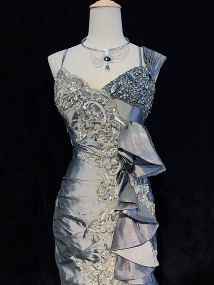 Vintage Prom Dresses Mermaid Straps Grey Satin Lace With Ruffles Long Evening Outfits N3442