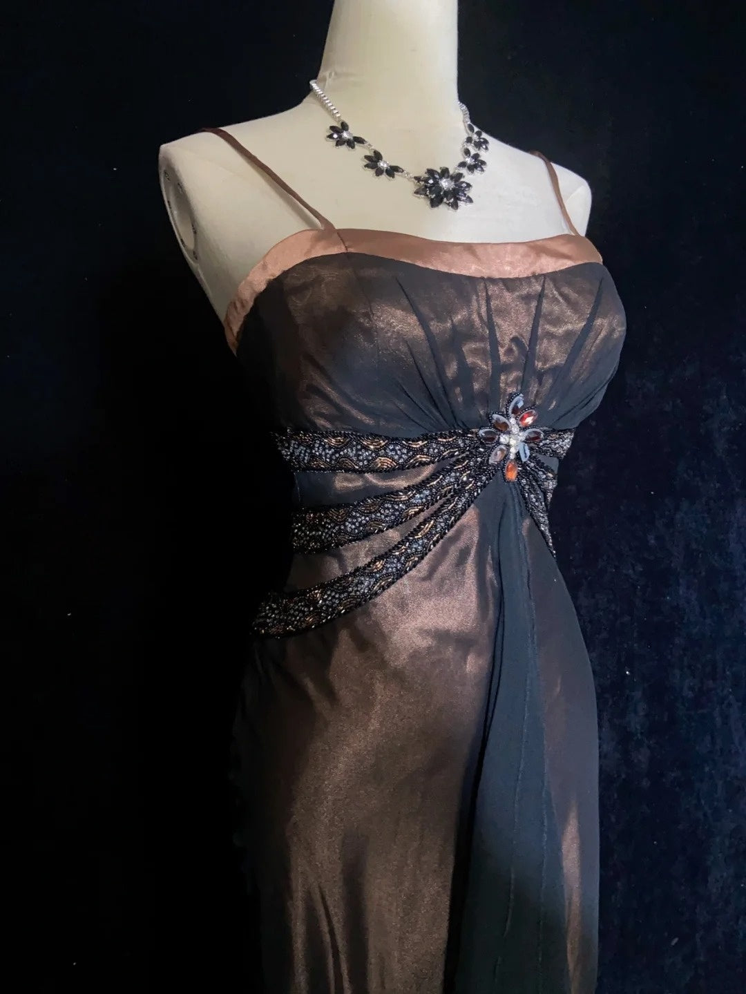 Vintage Prom Dresses Spaghetti Strap Mermaid Brown Satin Black Chiffon Long Formal Evening Outfits N3861