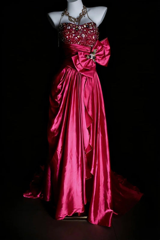 Modest Prom Dresses A line Strapless Hot Pink Fuchsia Long Formal Dance Dress N2975