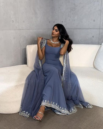 Vintage Dusty Blue Mermaid Evening Dress Applique Beaded Prom Dress Unique Cape Design Long Party Dress Birthday Outfits AB2313