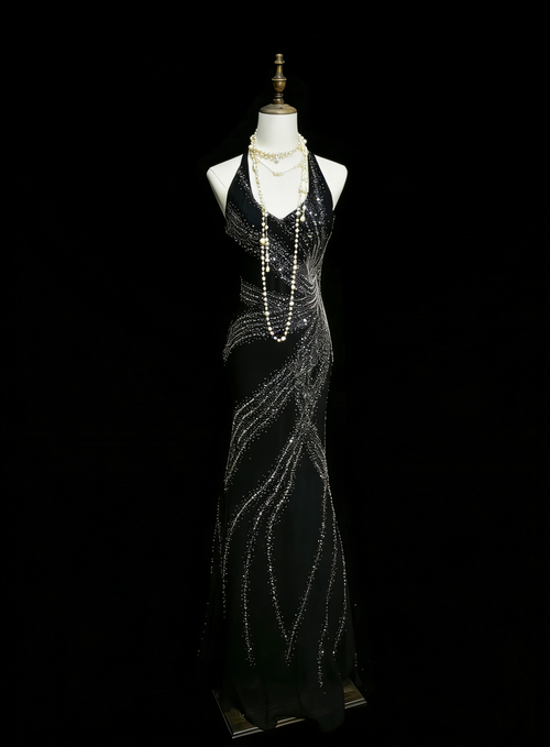 Vintage Mermaid V Neck Black With Beading Summer Formal For Women Girls Teens Prom Dresses N2232