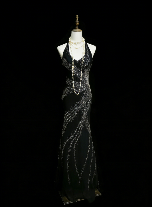 Vintage Mermaid V Neck Black With Beading Summer Formal For Women Girls Teens Prom Dresses N2232