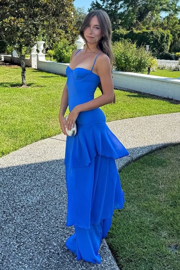 Charming Mermaid Spaghetti Straps Yellow Long Prom Dress with Ruffles Birthday Outfits AB2309