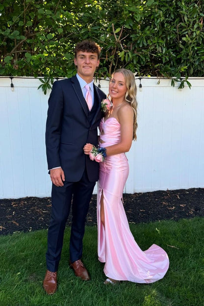 V-neck Blue Pleated Mermaid Long Party Dress with Keyhole Prom Dresses AB1914