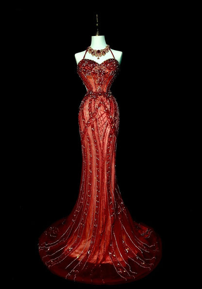 Vintage 1960s Mermaid Halter Burgundy Sleeveless Tulle Long Prom Formal Dresses N1582