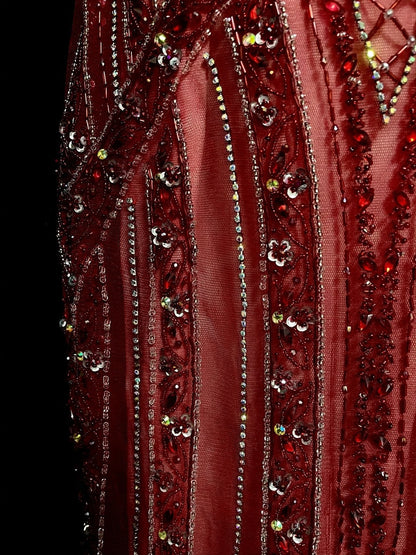 Vintage 1960s Mermaid Halter Burgundy Sleeveless Tulle Long Prom Formal Dresses N1582