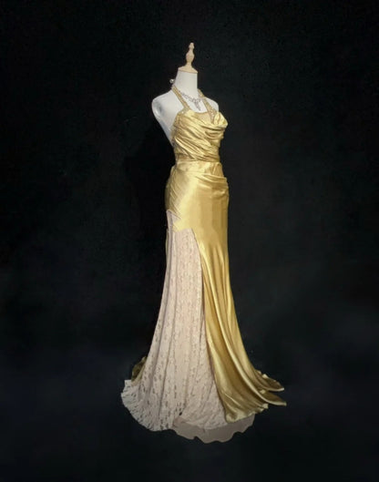 Modest Prom Dresses Mermaid Halter Gold Satin With Beading Lace Long Formal Evening Dress N3865