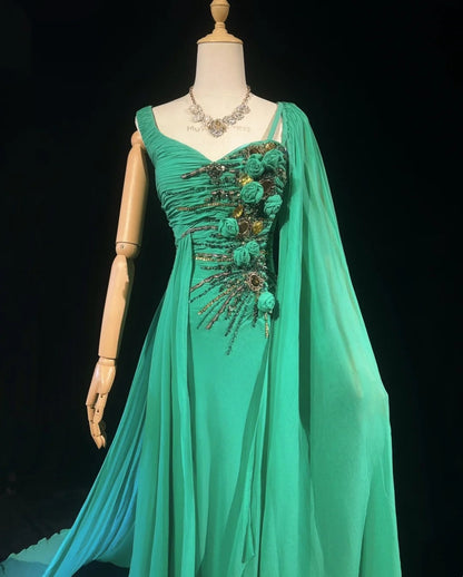 Elegant Mermaid One Shoulder Green Chiffon With Silver Beaded Bodice Formal Dress Long Prom Dresses N2726