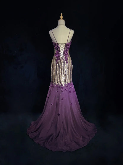 Glitter Prom Dresses Mermaid Spaghetti Strap Purple Chiffon With Flowers Long Formal Evening Dress N3893