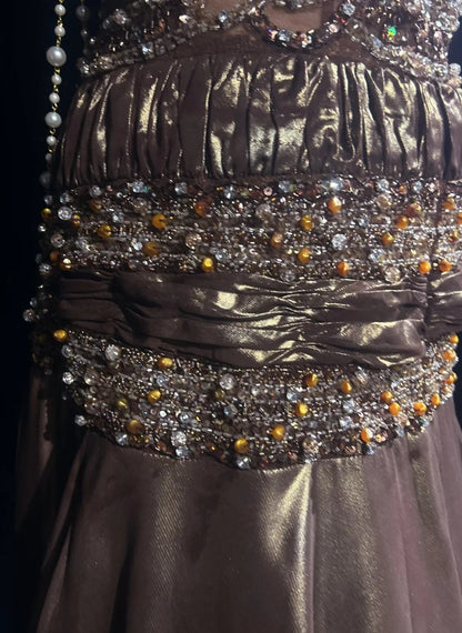 Vintage Prom Aesthetic Dresses Mermaid V Neck Brown Satin With Beading Gem Long Formal Dress N3021